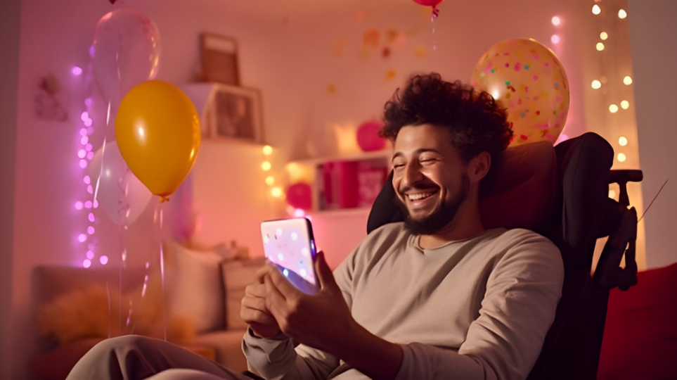 Homem rindo mexendo em celular, enquanto esta sentado e com bexigas ao redor.