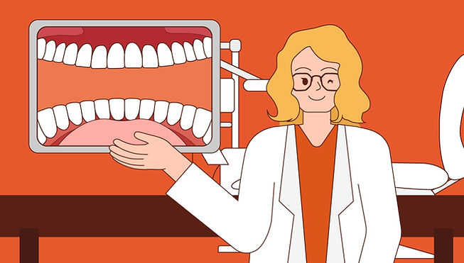 Câmera intraoral. Dentista feliz utilizando câmera intraoral com televisao ao fundo mostrando os dentes do paciente na clínica odontológica