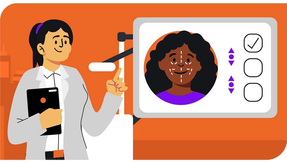 HOF. Harmonização Orofacial. Ilustração de uma dentista mostrando em uma tela como será feito o tratamento de HOF no rosto da sua paciente.