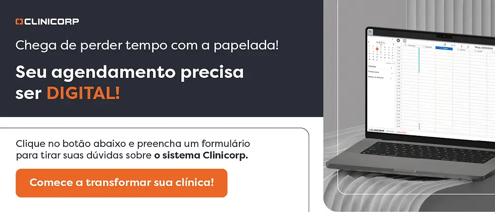 Um notebook com a Agenda Digital da Clinicorp na Tela. Além de um botão para receber um contato.