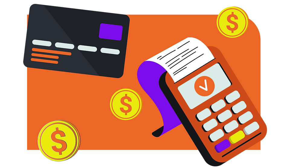 Meios de pagamento para clínica de estética. Ilustração de cartão de crédito, maquininha de cartão e moedas com cifrões espalhadas em um fundo laranja.