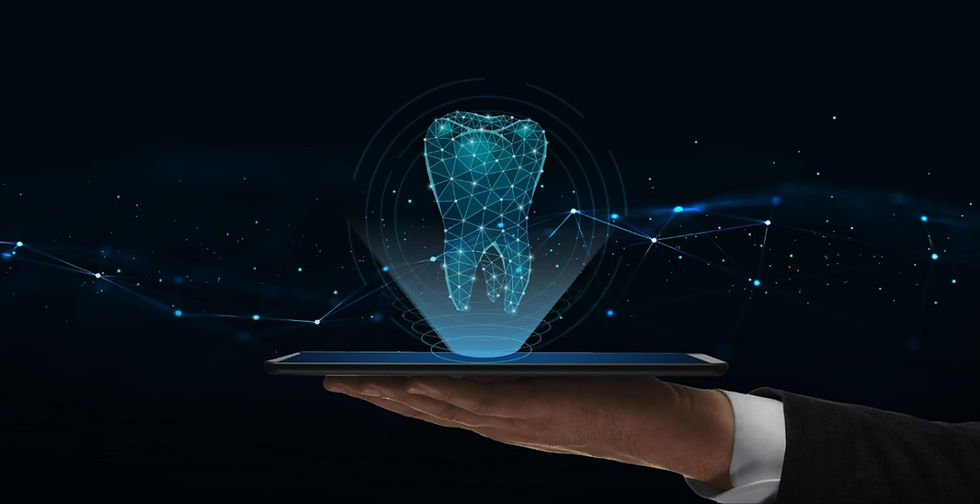 Inteligência artificial na odontologia. Profissional dentista segurando tablet com holograma dental