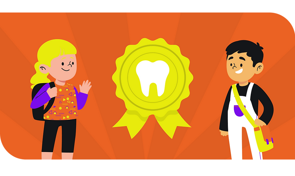 Certificado de coragem para dentistas. Ilustração de duas crianças, uma em cada lado, com uma medalha ao centro.