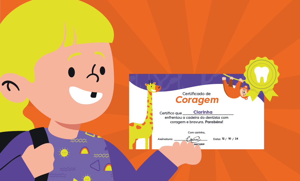 Certificado de coragem para dentistas. Ilustração de uma criança segurando um certificado com uma medalha dourada.