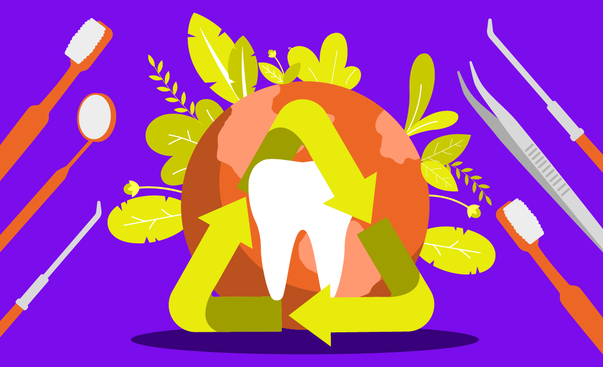 Sustentabilidade na odontologia: imagem ilustrativa de dente junto ao símbolo da reciclagem e ao desenho do planeta Terra.